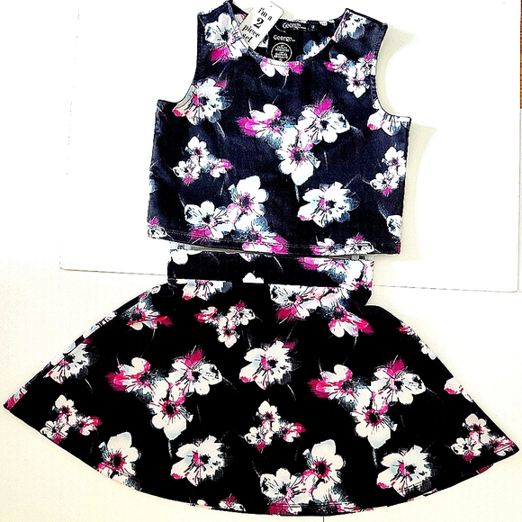 George Girl Floral Print Stretchy Co-ord Sets Tank Top & High Waist Flare Skirt - Picture 1 of 9